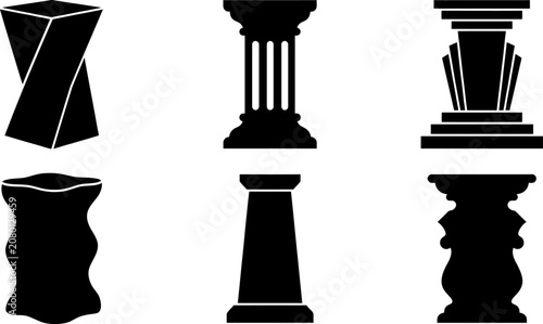 Set of modern and classical pedestal vector silhouettes, exhibition podiums, architectural columns, and product display stands
