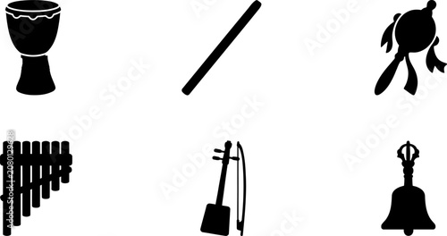 Set of traditional folk and ethnic musical instrument black silhouette icons including djembe drum panpipe and ceremonial bell