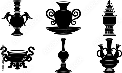 Set of traditional ancient decorative urns and vases silhouettes, showcasing a variety of historical pottery and elegant ceramic vessel designs.