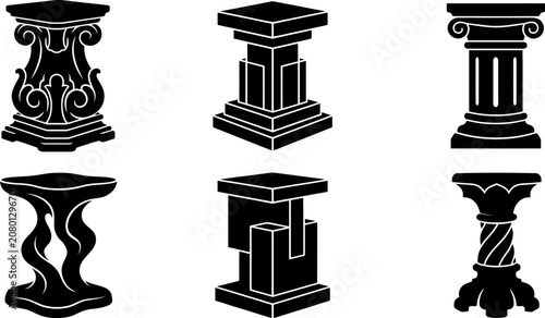 Set of vector silhouette classic and modern pedestals columns and architectural plinth stands for display design templates