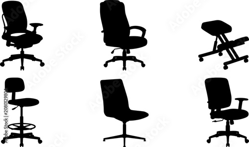 Set of Vector Silhouettes of Office Chairs and Ergonomic Desk Seating Options for Business Workspace Design