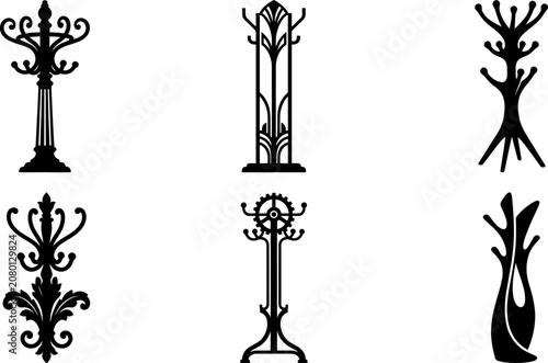Set of vintage coat rack silhouettes with classic Art Nouveau and decorative Victorian design elements for interior home decor vectors