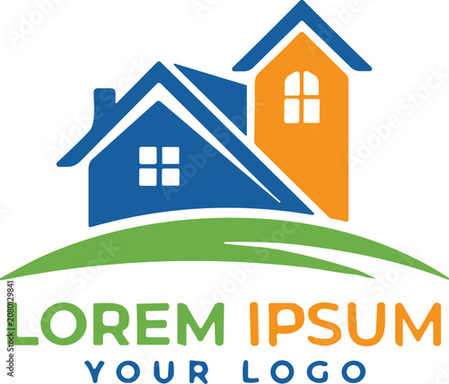Fotografija Colorful house logo with green hill and white background
