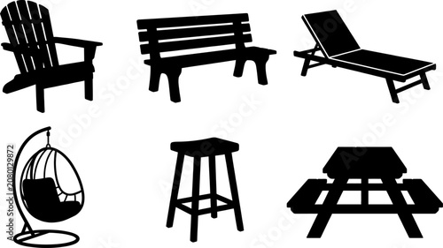 Stylish vector silhouettes of various outdoor and patio furniture pieces including chairs, benches, tables, and lounge for modern design.