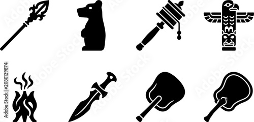 Shamanism and tribal ritual vector icons set featuring totem pole bear statue ceremonial dagger spear and prayer wheel