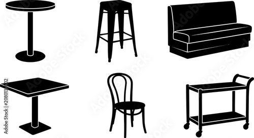 Variety of commercial furniture icons set: bar table, stool, booth, cafe table, chair, and serving cart silhouettes.