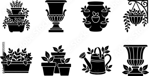 Variety of gardening planters, potted plants, and watering can silhouettes, perfect for horticulture design, botanical illustrations, and nature-themed elements.