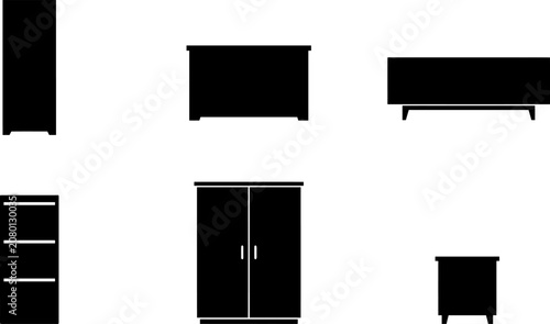 Various Modern Furniture Silhouettes Set Including Wardrobes, Cabinets, Dressers, and Shelves for Home Interior Design Icons