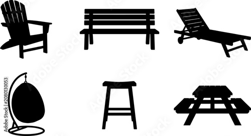 Variety of seating furniture silhouettes including adirondack chair, park bench, lounge, egg chair, bar stool, and picnic table.