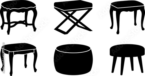 Vector silhouettes set of various stools, footstools, ottomans, and poufs for interior home furniture design