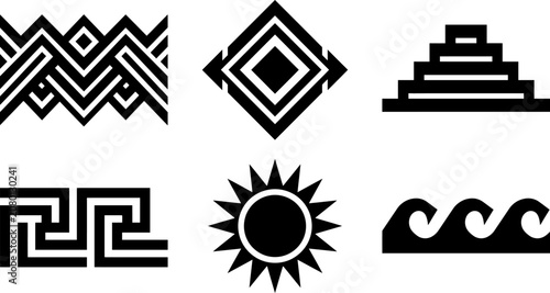 Versatile collection of black and white geometric patterns, ancient symbols, and nature icons for diverse design and cultural themes.