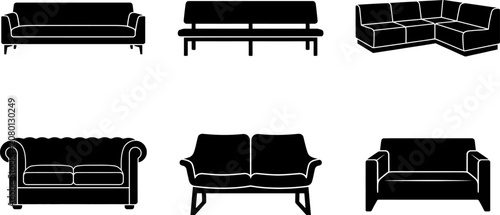 Versatile Sofa and Couch Furniture Icon Set Vector Collection showcasing Modern and Classic Seating Silhouettes for Interior Design and Home Decor.