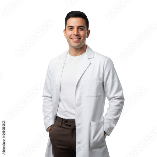 A young hispanic man in a white medical lab coat with hands in pockets stands in soft studio lighting against a white background professional medical atmosphere
