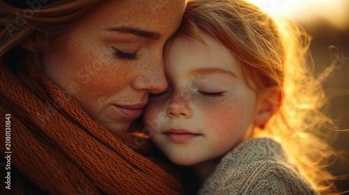 Close-up of a freckled woman in a warm scarf embracing a small blonde child in a knitted sweater, backlit by golden hour sunset, tender and peaceful moment of maternal comfort