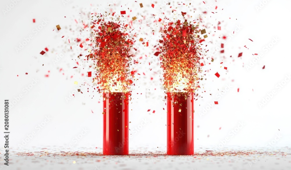 Fototapeta premium Two red party poppers erupting red and gold confetti and sparkles on a white background, joyful festive celebration
