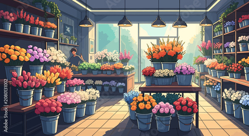 Colorful flower shop interior illustration with beautiful bouquets in buckets and warm sunlight.
