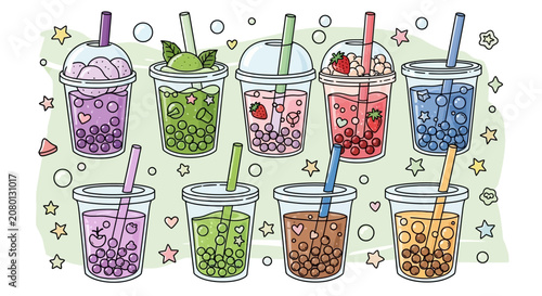 Colorful hand drawn doodle illustration of various bubble tea flavors in plastic cups with straws.