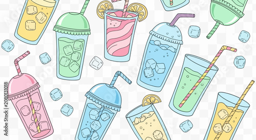 Colorful hand drawn doodle pattern of refreshing summer drinks cocktails and ice cubes.