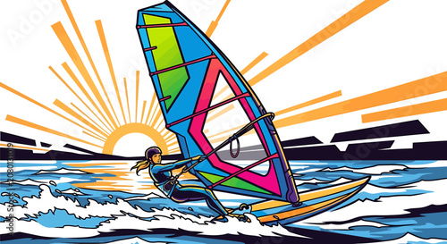 Colorful graphic illustration of a windsurfer riding ocean waves during a vibrant sunset.