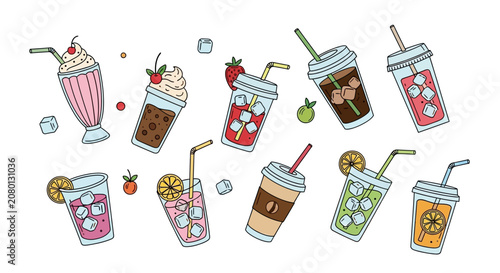 Colorful hand drawn doodle set of summer drinks cocktails milkshakes and iced coffee in glasses and cups.