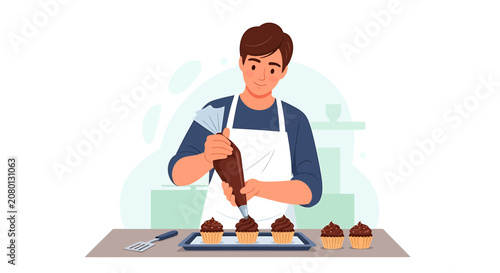 Male baker decorating chocolate cupcakes with frosting using a piping bag in the kitchen vector illustration.