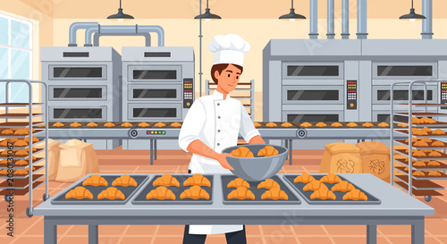 Male baker in white uniform preparing fresh croissants on trays in large industrial bakery factory.
