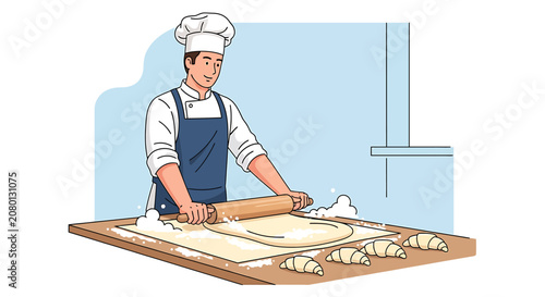 Male baker in chef hat rolling dough with rolling pin to make croissants vector illustration.