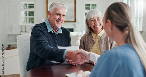 Принти на полотні Senior, people or handshake with nurse for homecare admission form, enrollment plan or happy