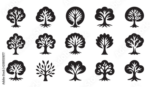 Φωτογραφία Collection of detailed black tree silhouettes with distinct foliage and root systems