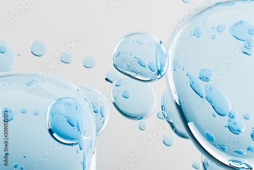 Abstract cosmetic serum bubbles with transparent gel texture blue background. Hydrating skincare concept with moisturizing liquid droplets and copy space for beauty branding. Close up macro drops.	
