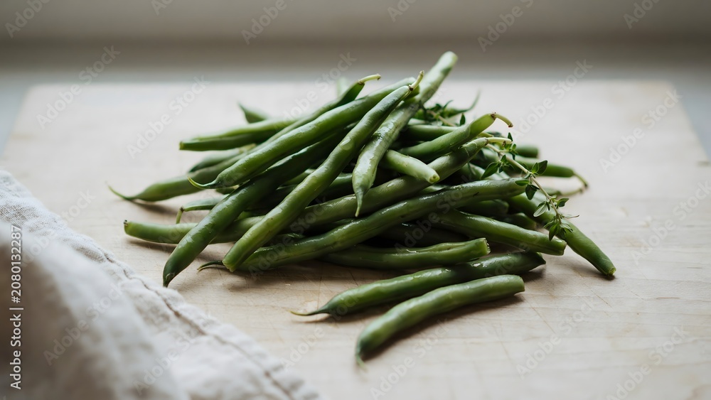 Fototapeta premium Fresh green string beans piled on wooden surface with cloth in background