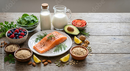 Fresh raw salmon and healthy nutrition food ingredients including berries, avocado, milk, greens, and grains on a rustic wooden background with copy space