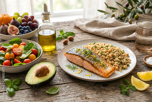 Healthy Mediterranean diet meal featuring grilled salmon, couscous, fresh spinach salad, avocado, fruits, and olive oil on a rustic wooden table