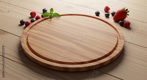 Wooden cutting board with fresh berries.