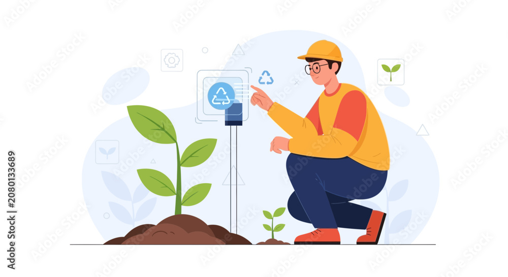 Fototapeta premium Agronomist uses technology to monitor plant growth and promote sustainable agriculture with recycling symbol