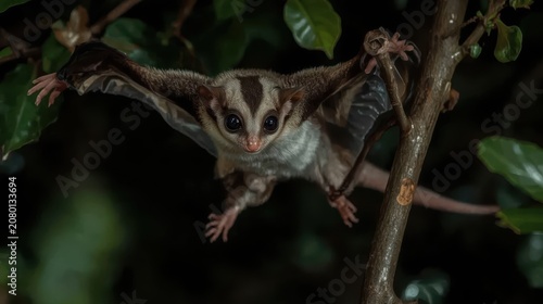 Sugar Glider leaping between trees at night, membranes stretched, large nocturnal eyes reflecting moonlight. Generative AI