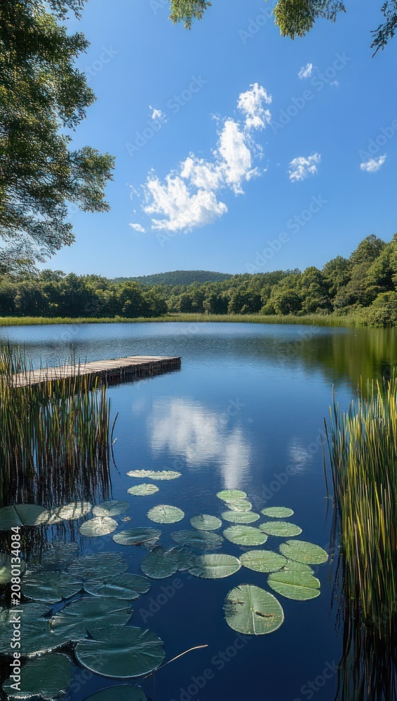 Fototapeta premium Tranquil lakeside scene with lily pads, wooden dock, reed-fringed shoreline, forested hills and a single cloud reflected in calm blue water