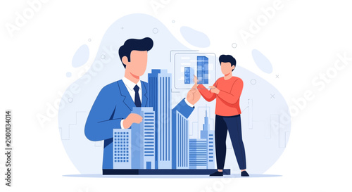 Architects or Developers Designing a Modern City Skyline with Digital Interface