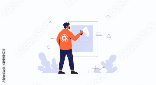 Artist Cleaning Canvas with Spray Can and Cloth, Modern Flat Illustration