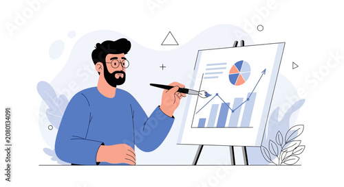 Artist Creates Financial Report Illustration with Charts and Graphs on Easel