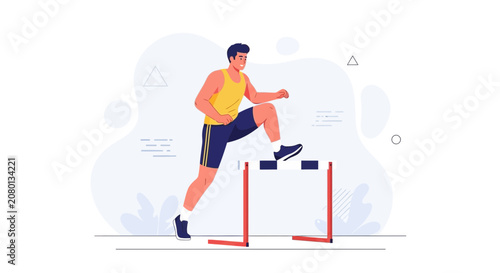 Athletic Man Jumping Over Hurdle in Flat Design Style - Sports and Fitness Concept