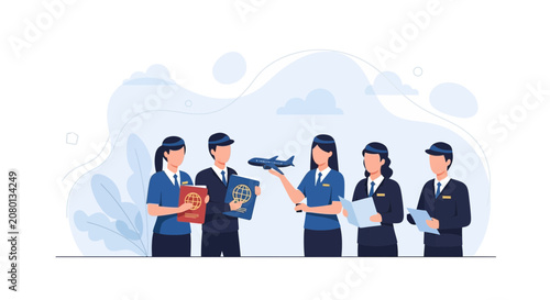 Aviation Crew with Passports and Airplane Model - Global Travel and Airline Staff Illustration