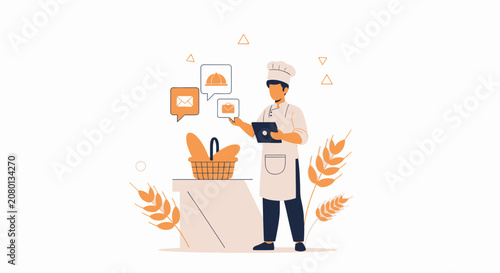 Baker with Tablet and Communication Icons, Basket of Bread, Wheat Stalks - Modern Flat Illustration