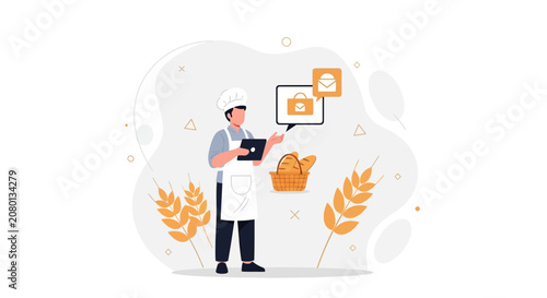 Baker with Tablet and Basket of Bread, Digital Commerce Concept