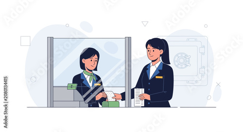 Bank Teller Assisting Customer with Transaction Behind Counter with Vault