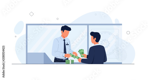 Bank Teller Counts Money for Customer at Counter - Flat Design Vector Illustration