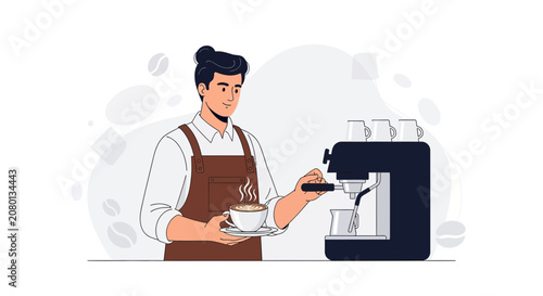 Barista preparing coffee with espresso machine, flat illustration style with warm tones and modern design.