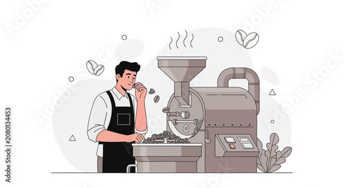 Barista Inspecting Freshly Roasted Coffee Beans Next to Roasting Machine in Modern Flat Illustration Style