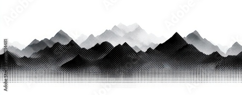 Monochrome layered mountain silhouettes with misty peaks and halftone dot texture evoking calm, contemplative mood