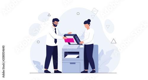 Business colleagues using a copier machine for documents and printing in a modern office setting, flat design vector illustration.